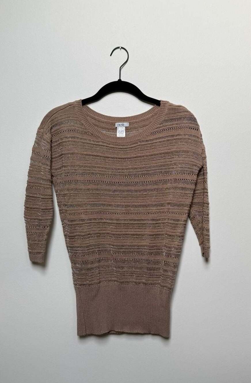 Cache Brown tan Metallic Knit Sweater with 3/4 Sleeves Sz XS/S